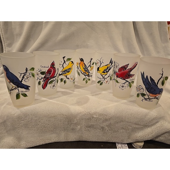 Other - Set 7 MCM Vintage‎ Different Birds Frosted Drinking Glasses 5.5" bluebird…